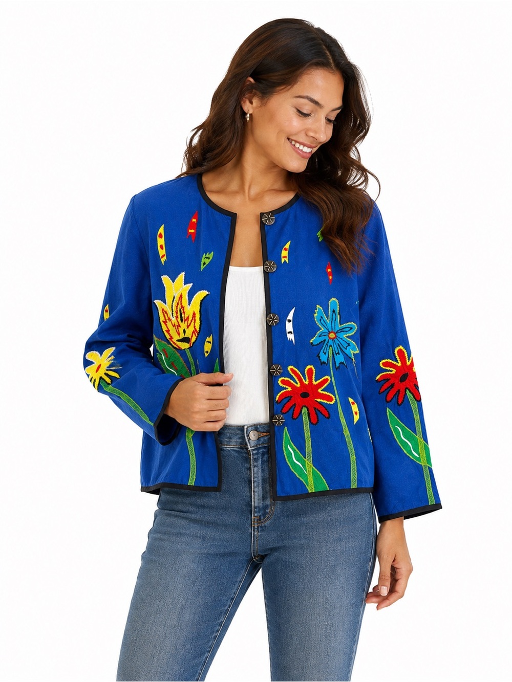 Vintage Indigo Moon Floral Embroidered Blue Jacket Medium Boho Artsy Statement M